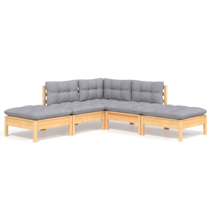 Loungegrupp Med Grå Dynor 5 Delar Massiv Furu