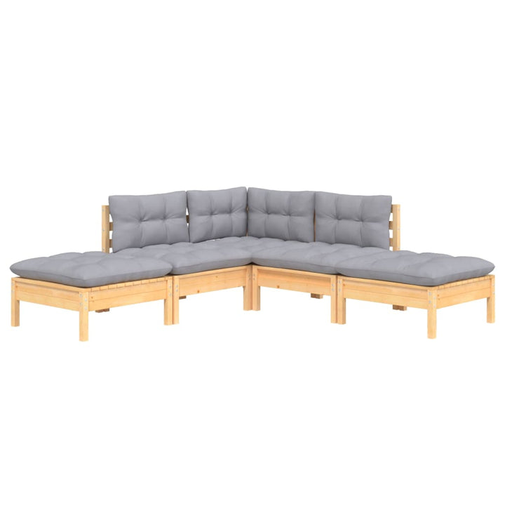 Loungegrupp Med Grå Dynor 5 Delar Massiv Furu