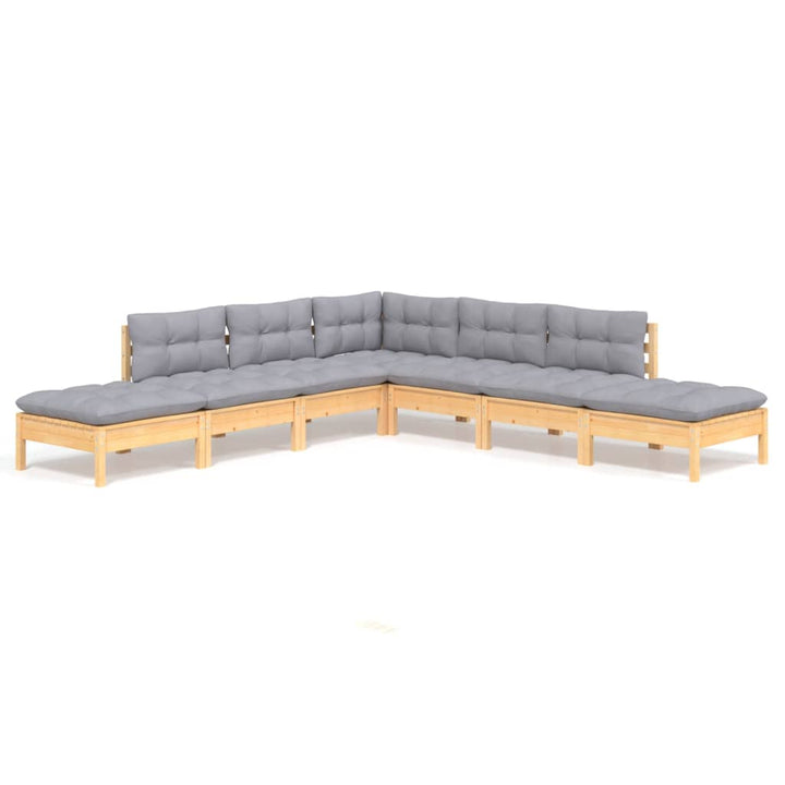Loungegrupp Med Grå Dynor 7 Delar Massiv Furu