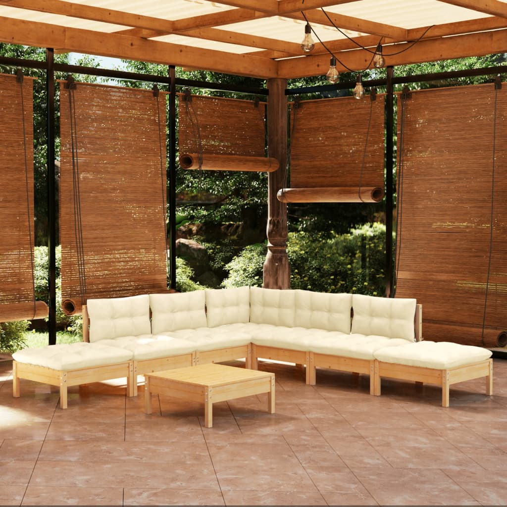 Loungegrupp Med Gräddvita Dynor 8 Delar Massiv Furu