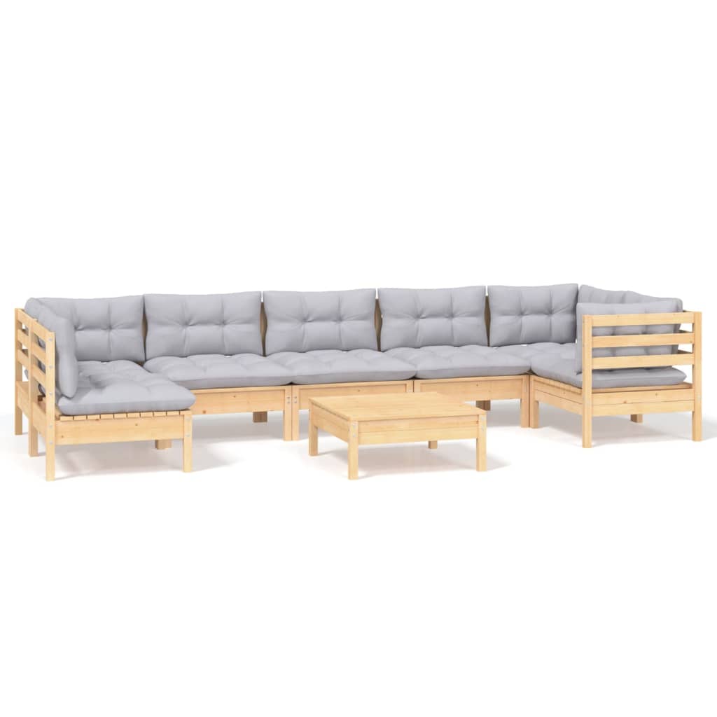Loungegrupp Med Grå Dynor 8 Delar Massiv Furu