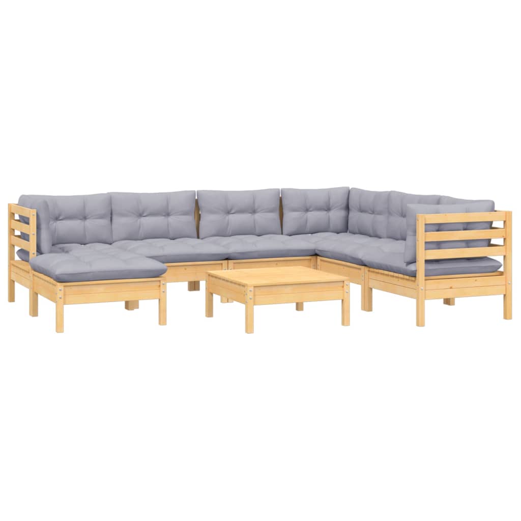 Loungegrupp Med Grå Dynor 8 Delar Massiv Furu