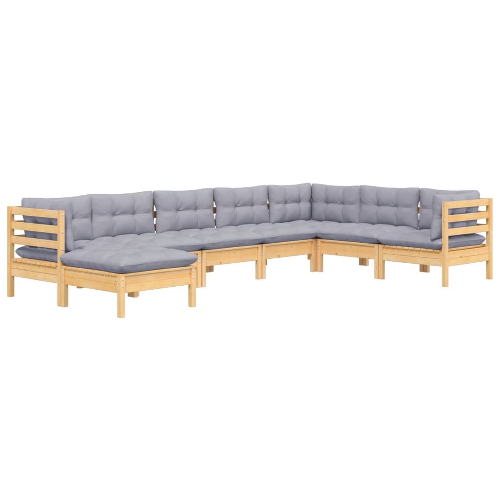 Loungegrupp Med Grå Dynor 8 Delar Massiv Furu