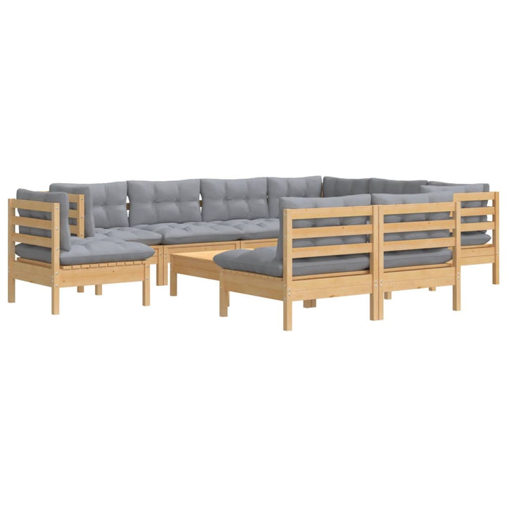 Loungegrupp Med Grå Dynor 10 Delar Massiv Furu