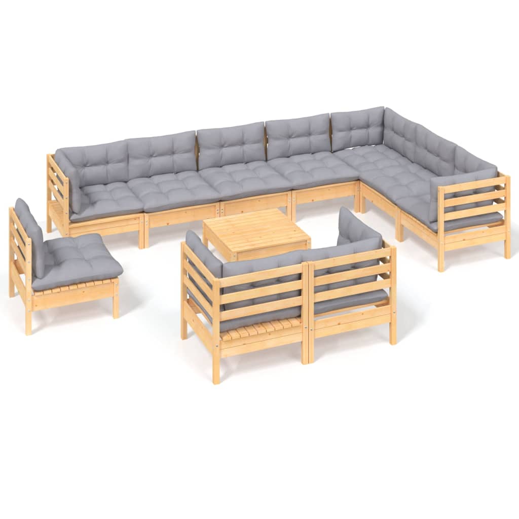 Loungegrupp Med Dynor 11 Delar Grå Furu