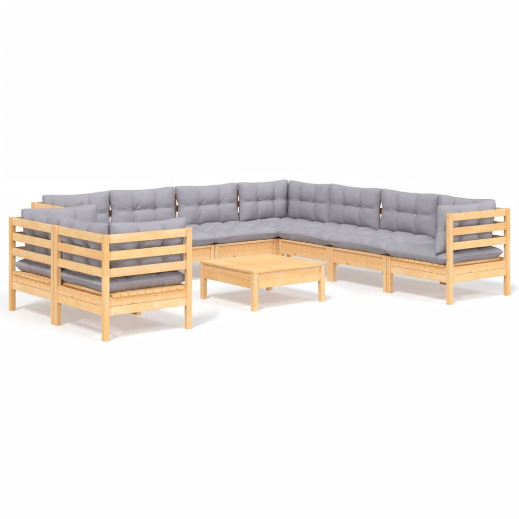 Loungegrupp Med Grå Dynor 10 Delar Massiv Furu