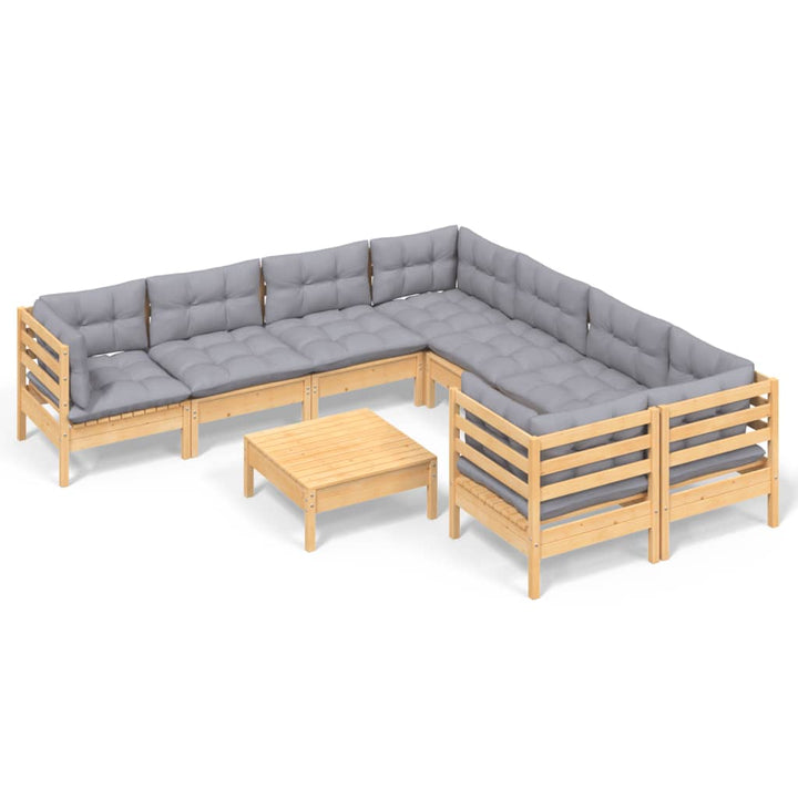 Loungegrupp Med Grå Dynor 9 Delar Massiv Furu