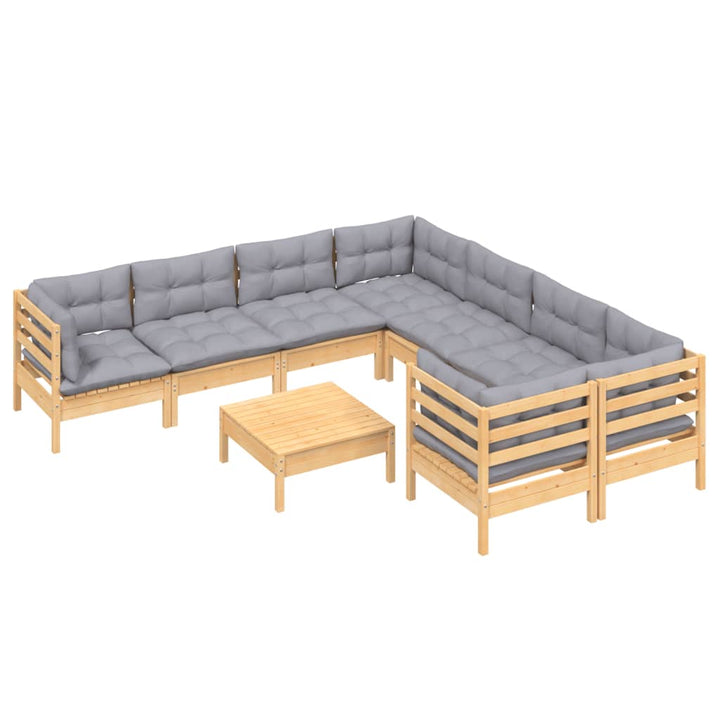 Loungegrupp Med Grå Dynor 9 Delar Massiv Furu