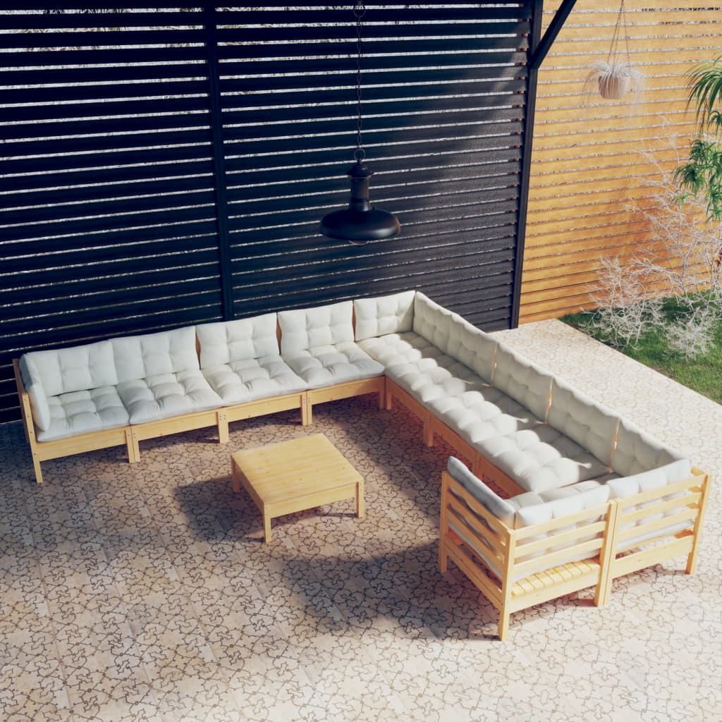Loungegrupp Med Gräddvita Dynor 11 Delar Massiv Furu