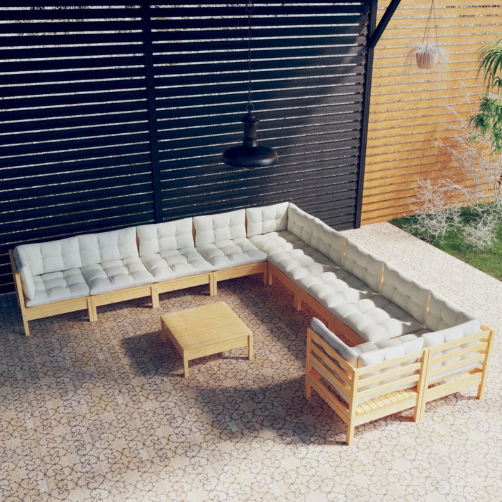 Loungegrupp Med Gräddvita Dynor 11 Delar Massiv Furu