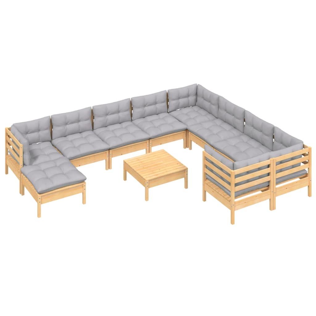 Loungegrupp Med Grå Dynor 11 Delar Massiv Furu