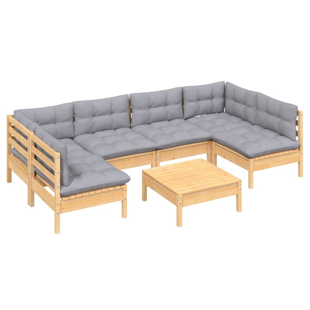 Loungegrupp Med Grå Dynor 7 Delar Massiv Furu