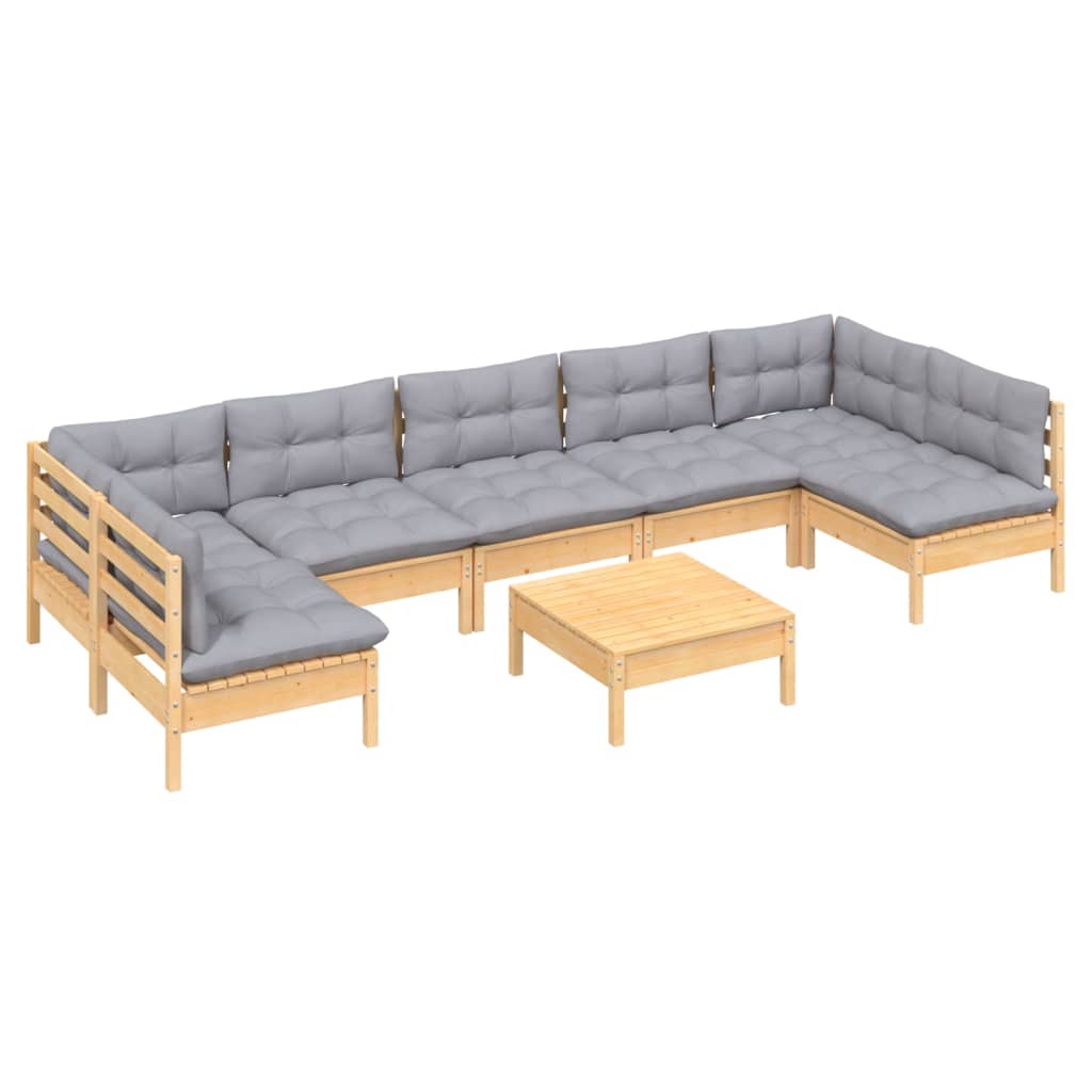 Loungegrupp Med Grå Dynor 8 Delar Massiv Furu