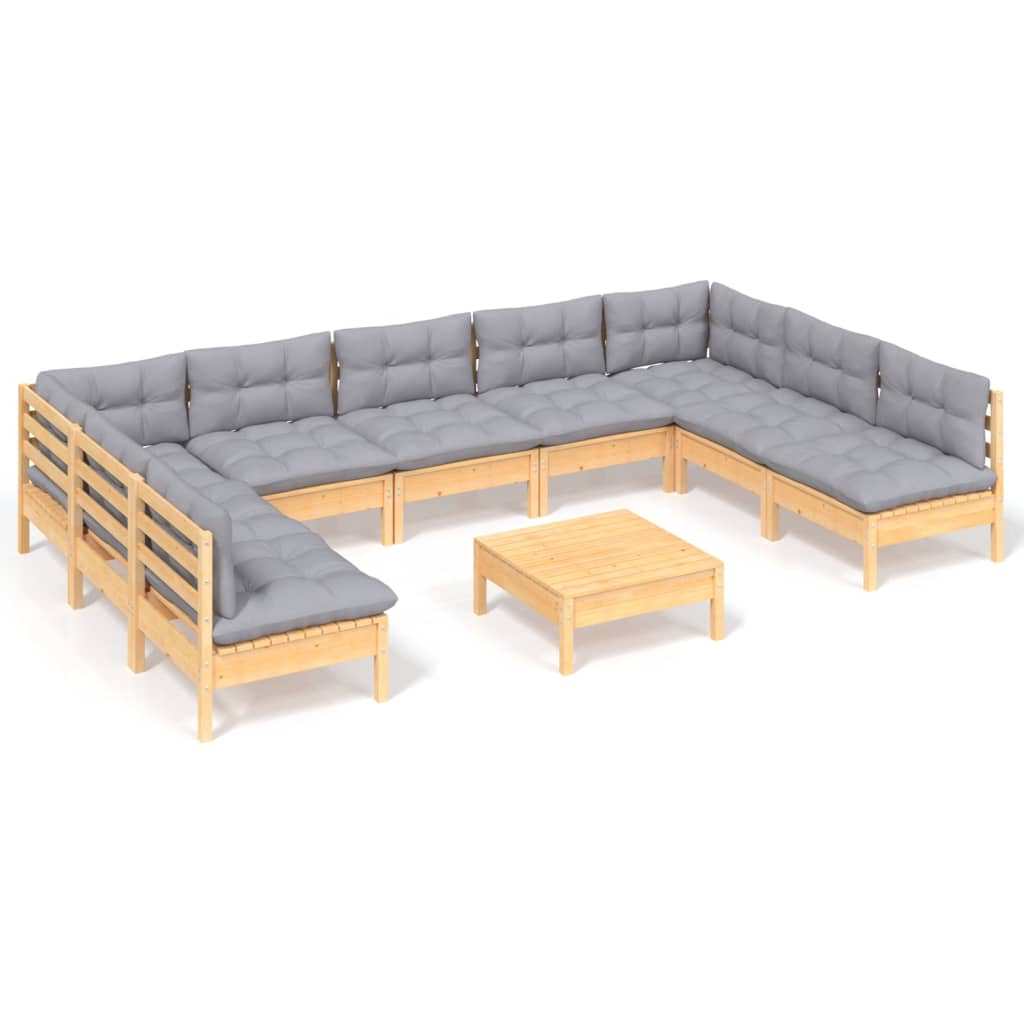 Loungegrupp Med Grå Dynor 10 Delar Massiv Furu