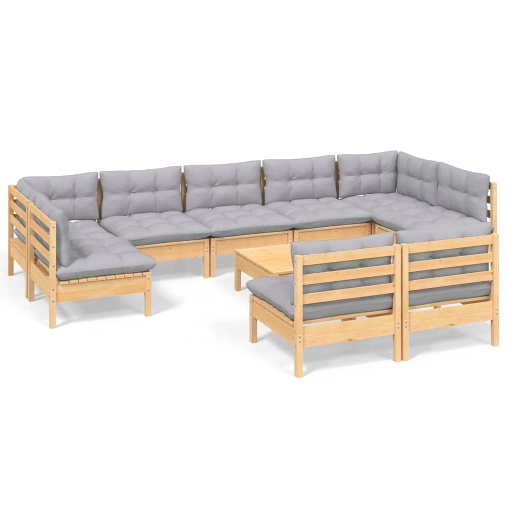 Loungegrupp Med Grå Dynor 10 Delar Massiv Furu