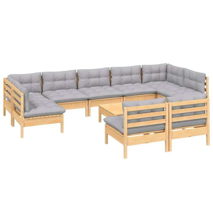Loungegrupp Med Grå Dynor 10 Delar Massiv Furu