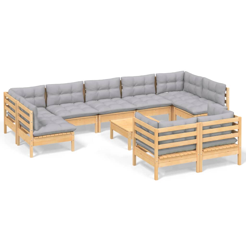 Loungegrupp Med Grå Dynor 10 Delar Massiv Furu