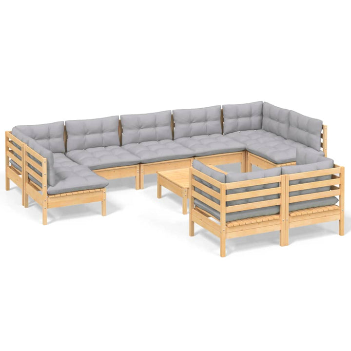Loungegrupp Med Grå Dynor 10 Delar Massiv Furu