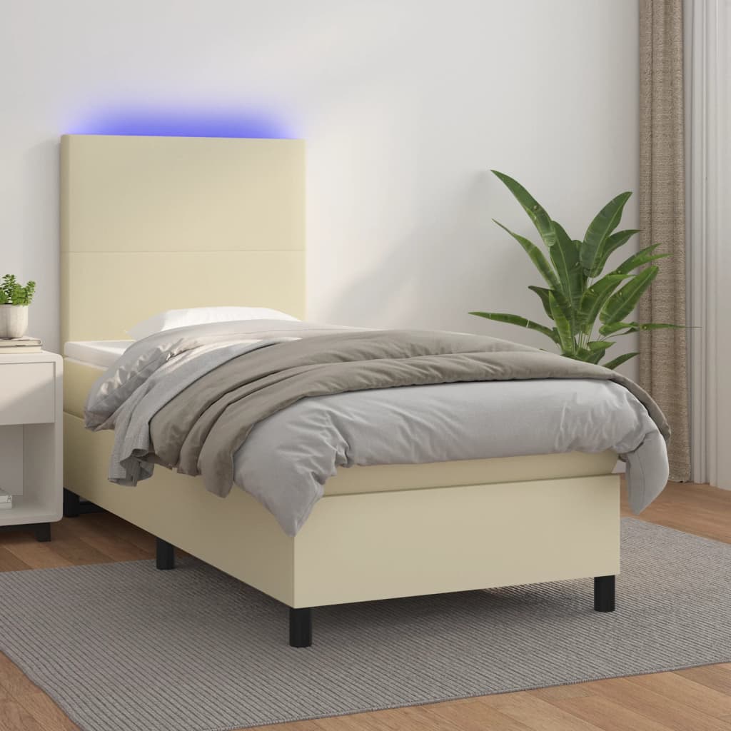 Ramsäng Med Bäddmadrass &amp; Led Gräddvit Konstläder