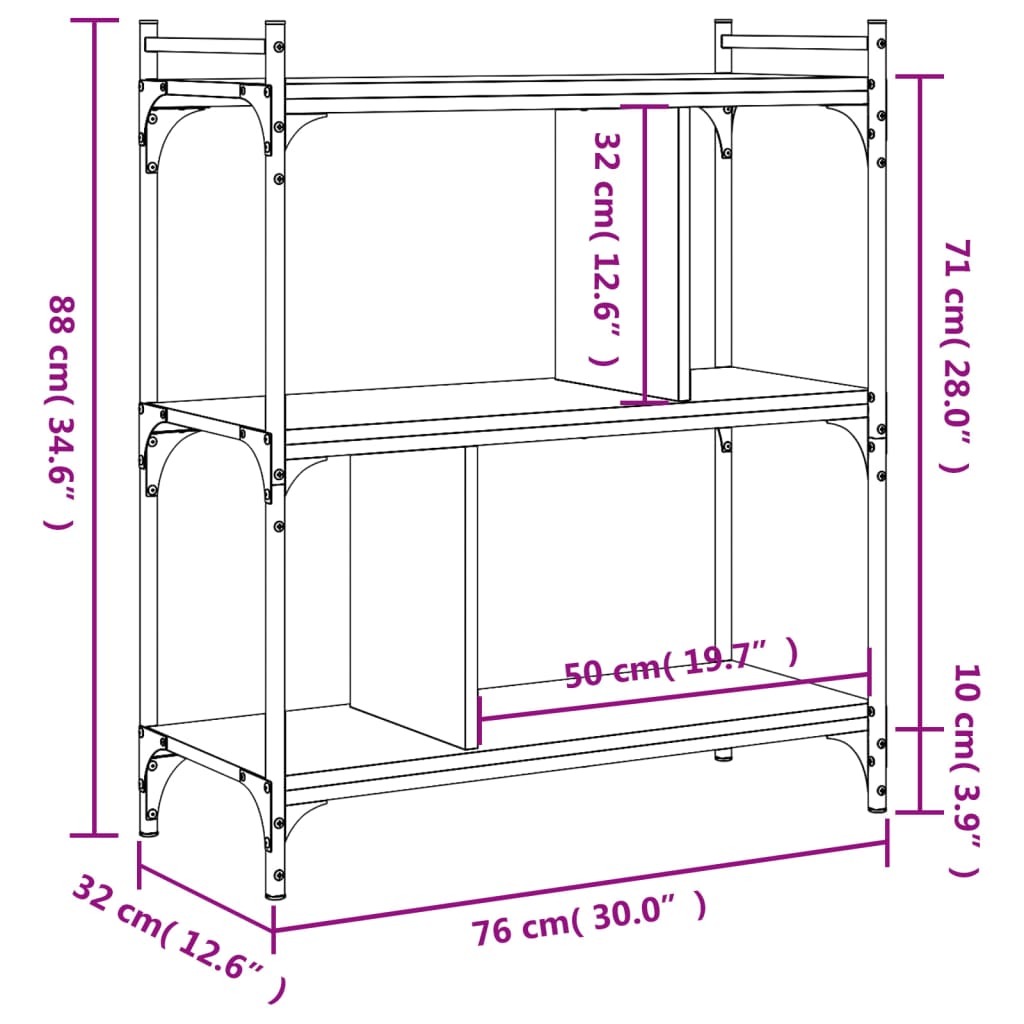 Bokhylla 3 Hyllplan 76X32X Konstruerat Trä