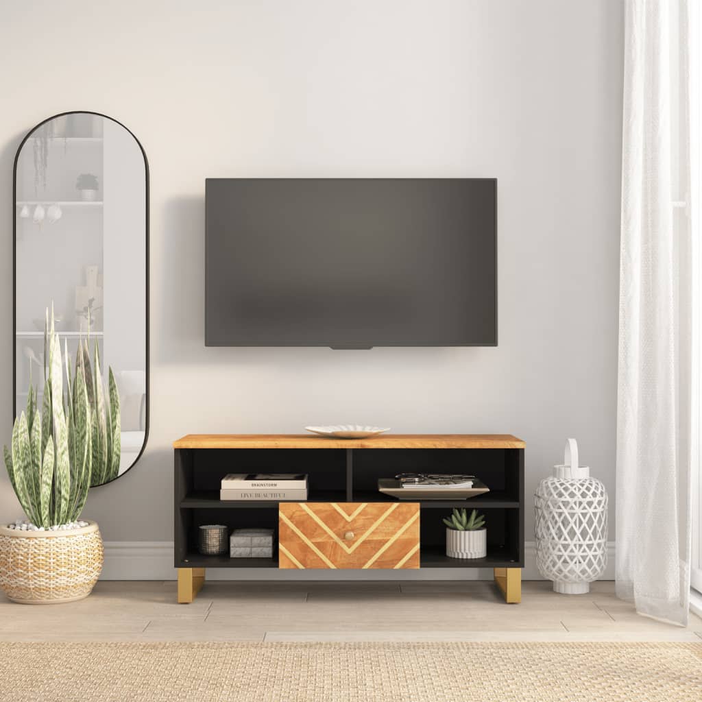 Tv-Bänk Brun Och Svart 100X33,5X46 Cm Massivt Mangoträ