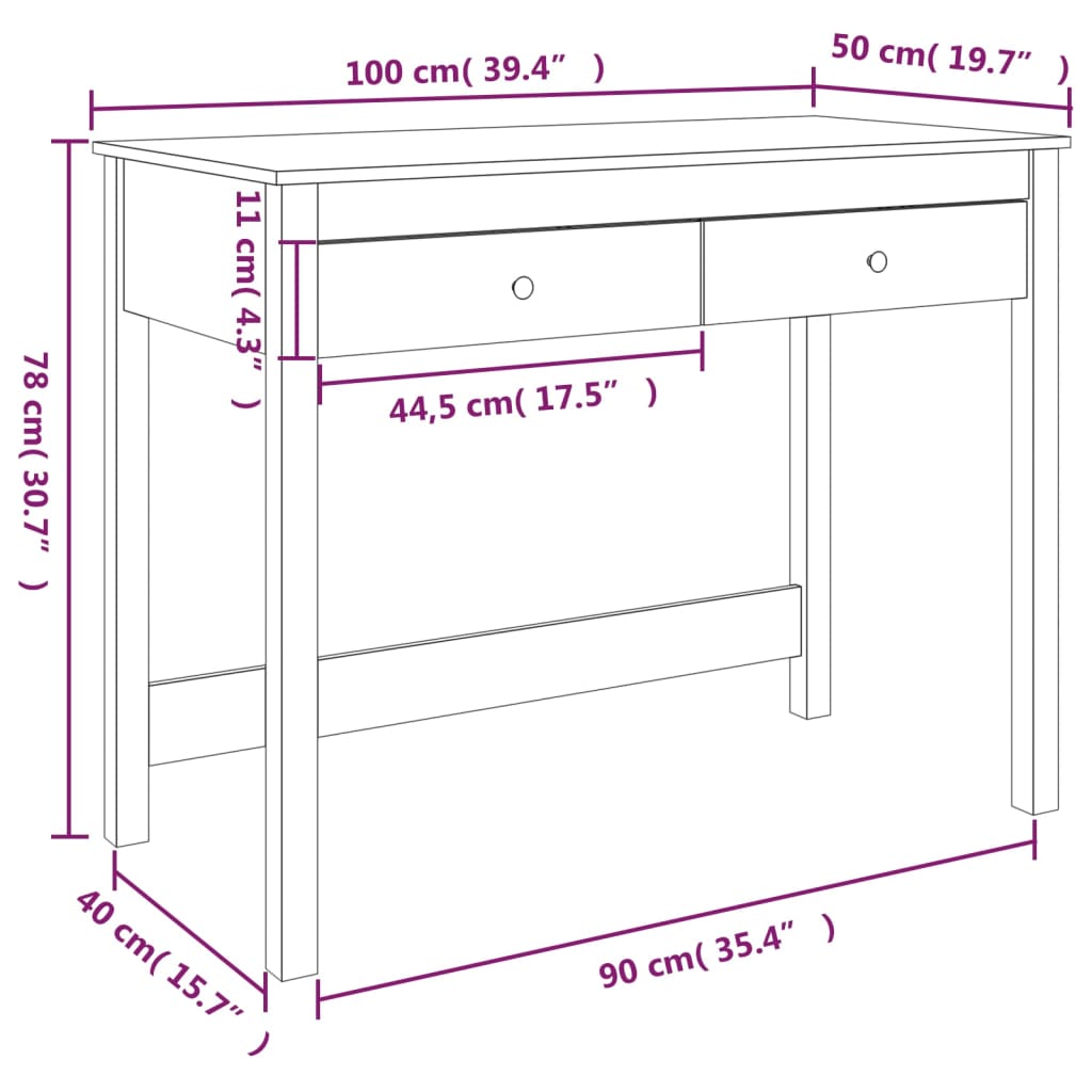 Skrivbord Med Lådor 110X50X75 Cm Massiv Furu