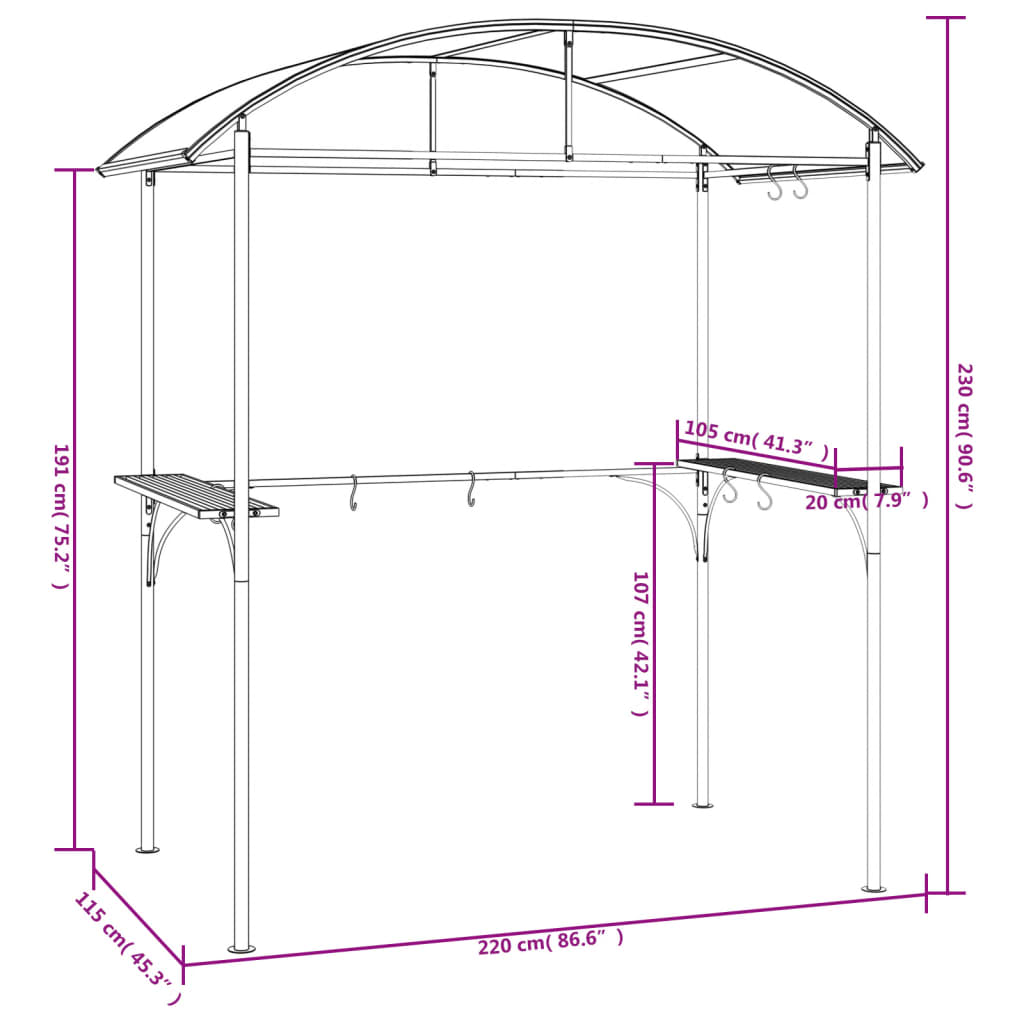Tak För Grill Med Sidohyllor Antracit 220X115X230 Cm Stål