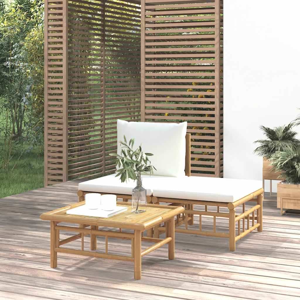 Loungegrupp För Trädgården Med Gräddvita Dynor 3 Delar Bambu