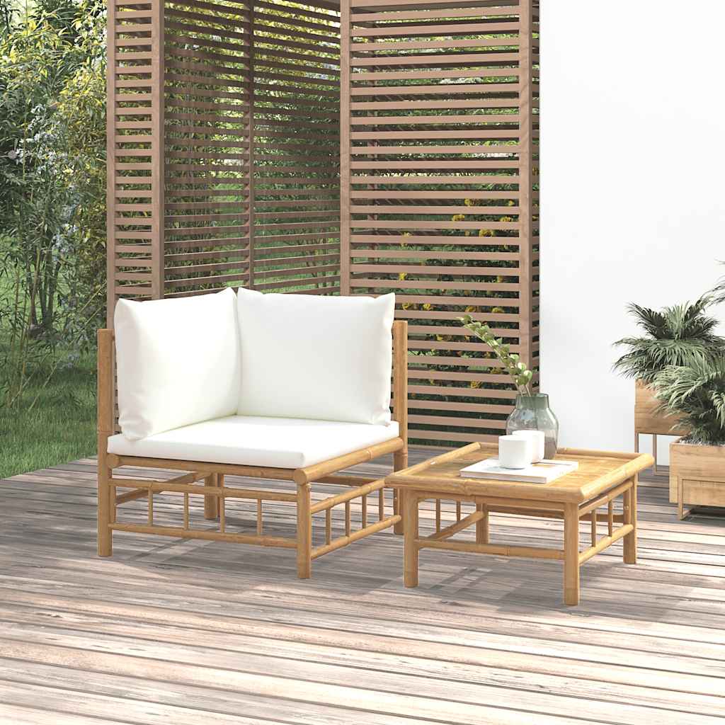 Loungegrupp För Trädgården Med Gräddvita Dynor 3 Delar Bambu