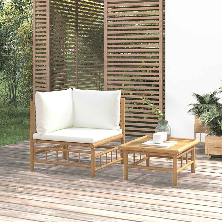 Loungegrupp För Trädgården Med Gräddvita Dynor 3 Delar Bambu