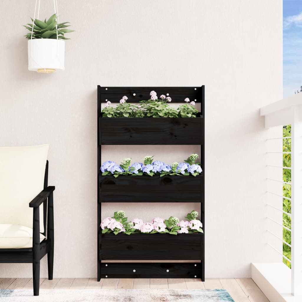 Odlingslåda För Vägg 3 Nivåer 60X18,5X110 Cm Svart Massiv Furu