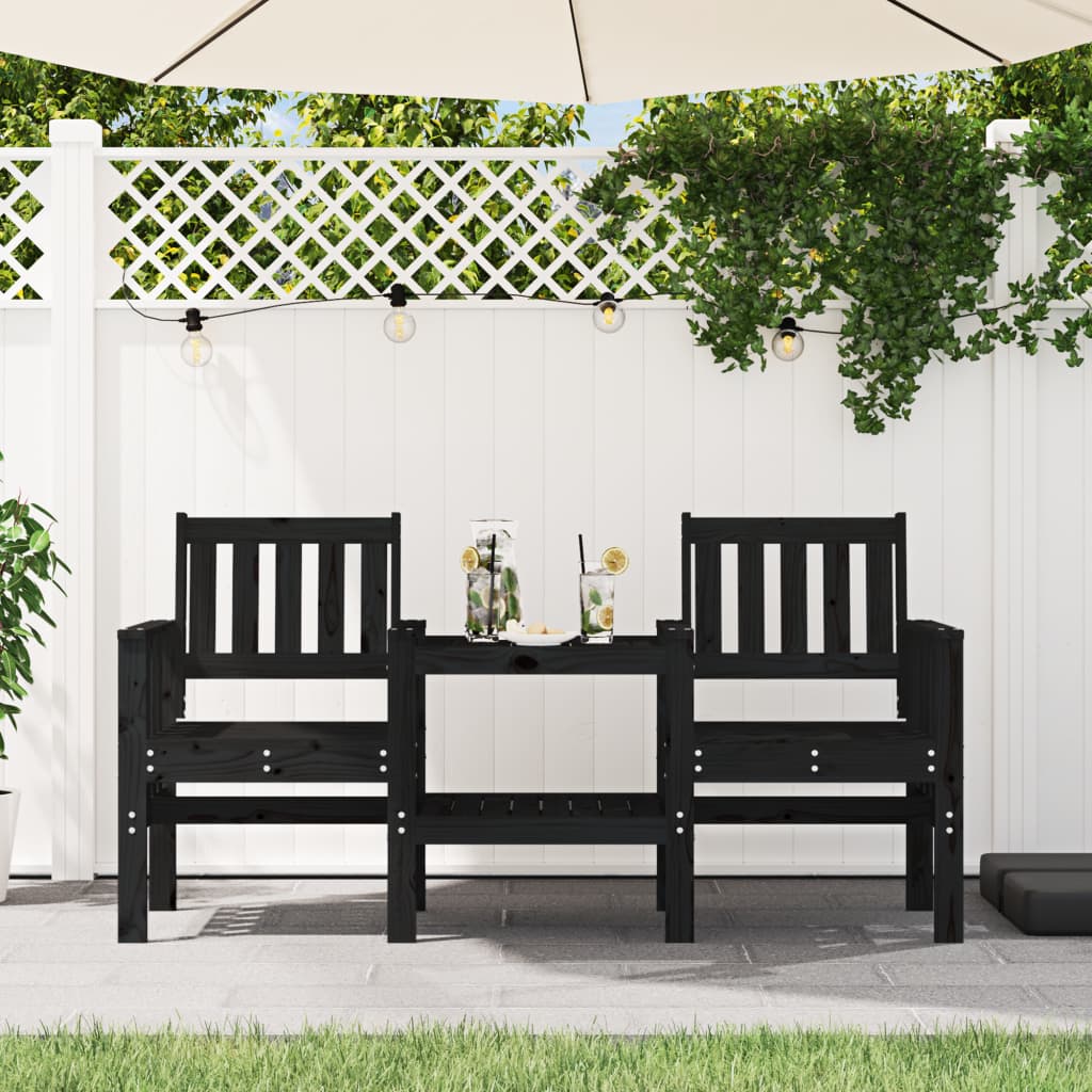 Trädgårdsbänk Med Bord 2-Sits Svart Massiv Furu