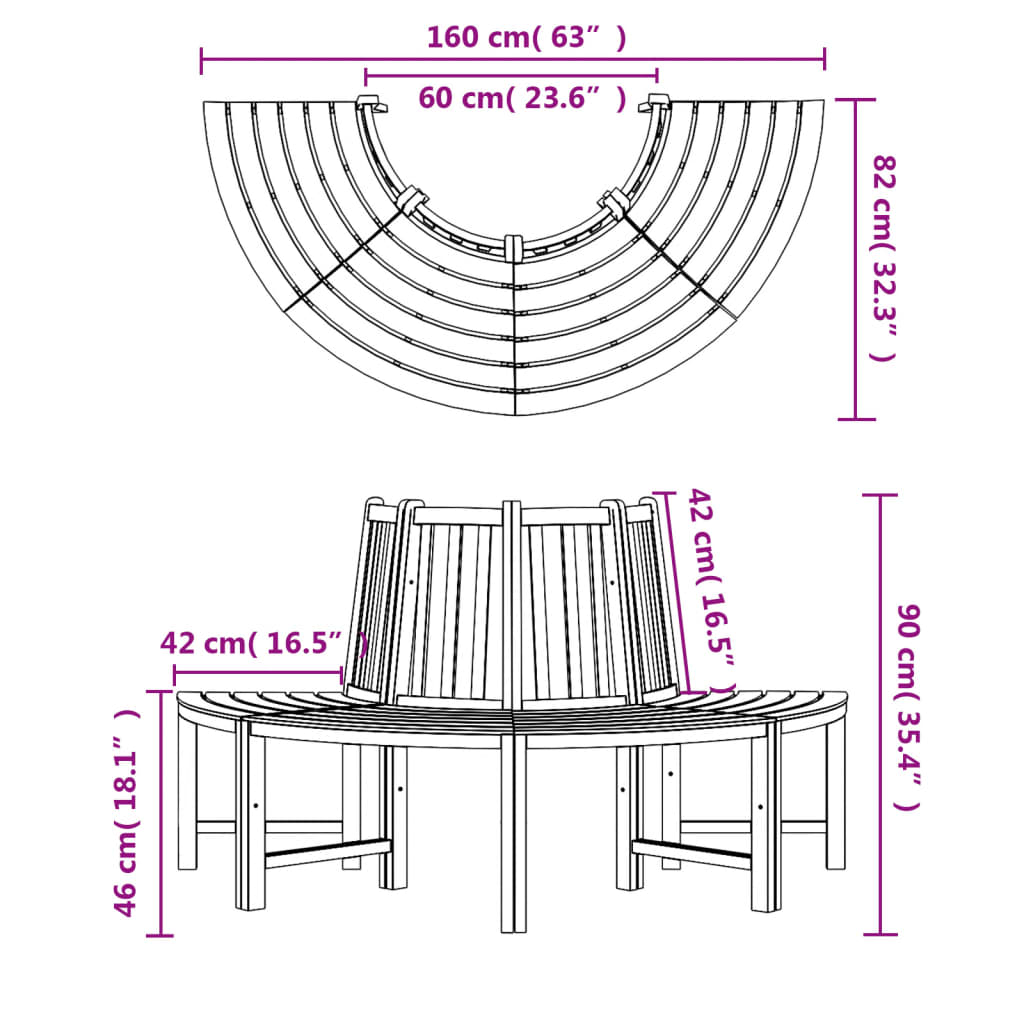 Trädbänk Halvrund Ø160 Cm Massiv Teak