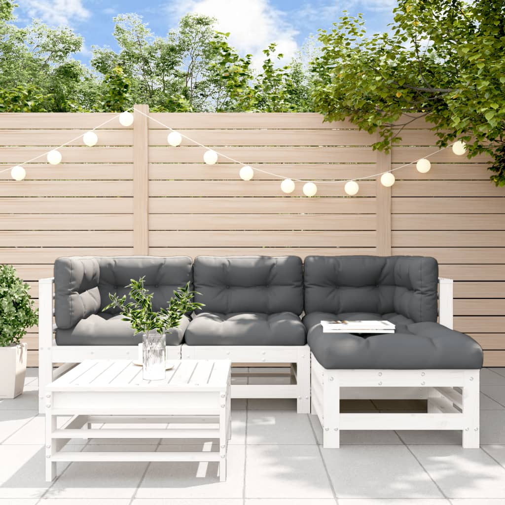 Loungegrupp För Trädgården Med Dynor 5 Delar Vit Massivt Trä