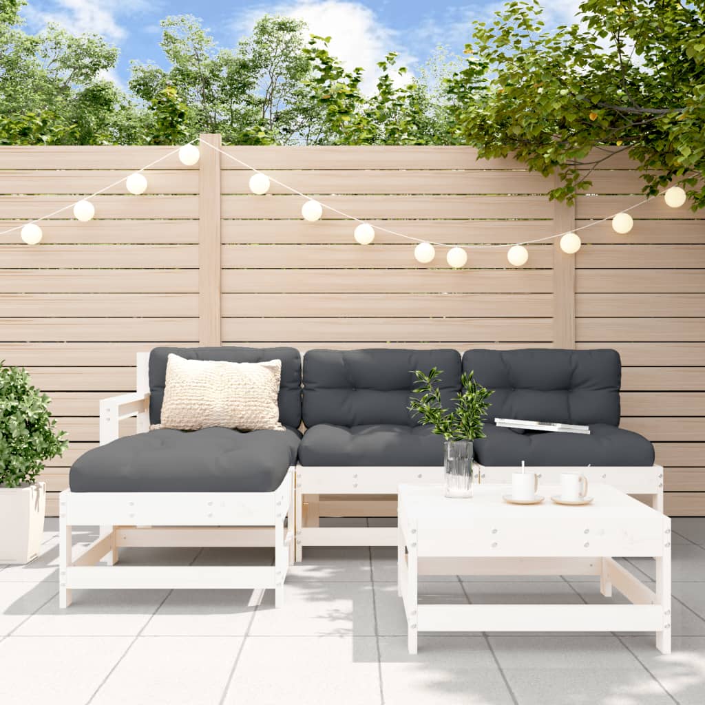 Loungegrupp För Trädgården Med Dynor 5 Delar Vit Massivt Trä