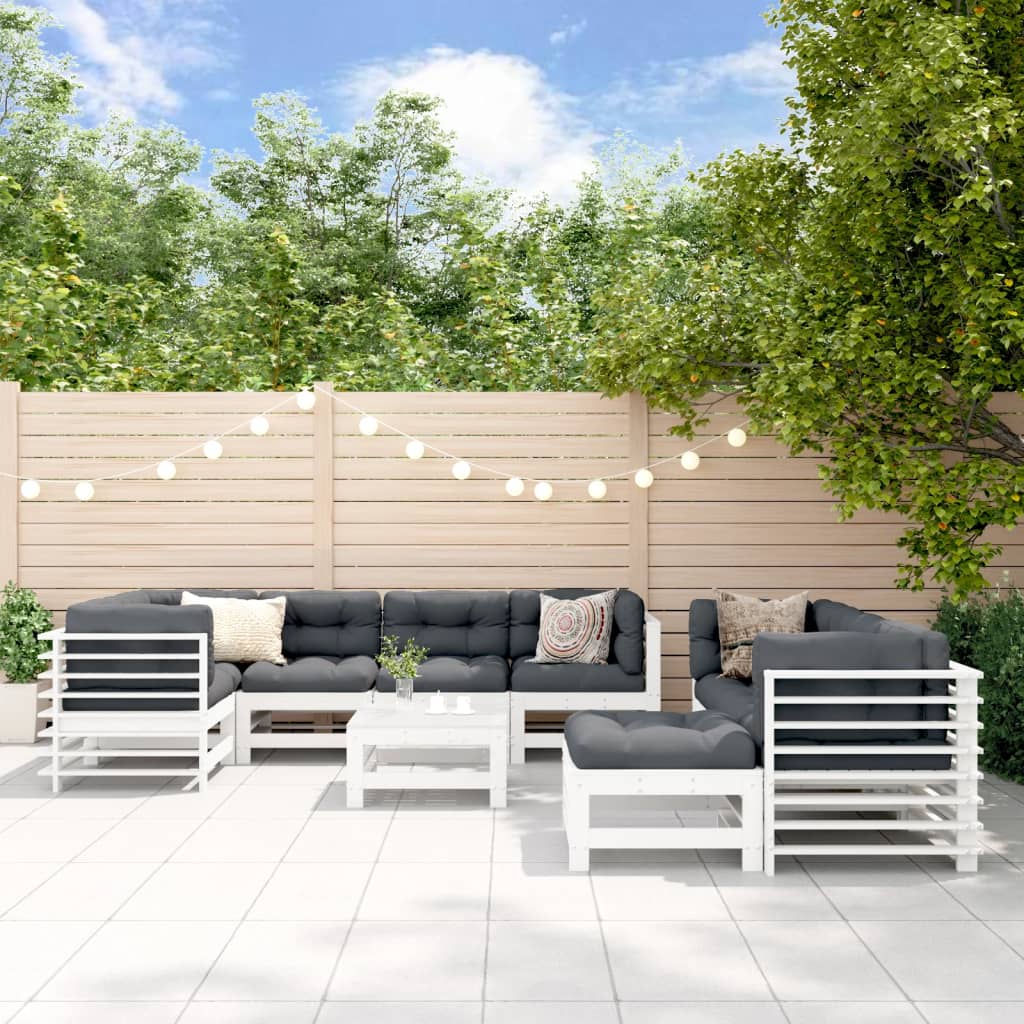 Loungegrupp För Trädgården Med Dynor 10 Delar Vit Massivt Trä