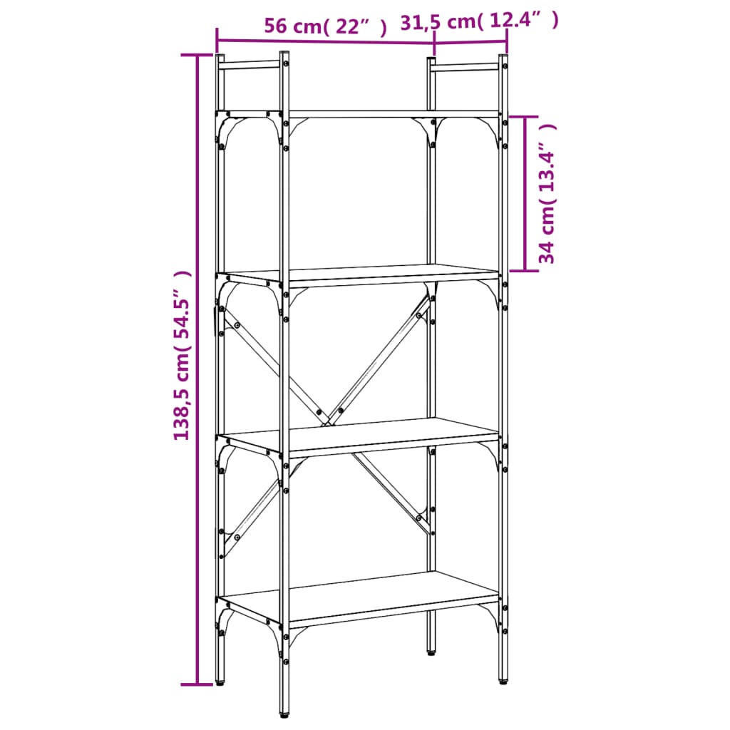 Bokhylla 4 Hyllplan 56X31,5X138,5 Cm Konstruerat Trä