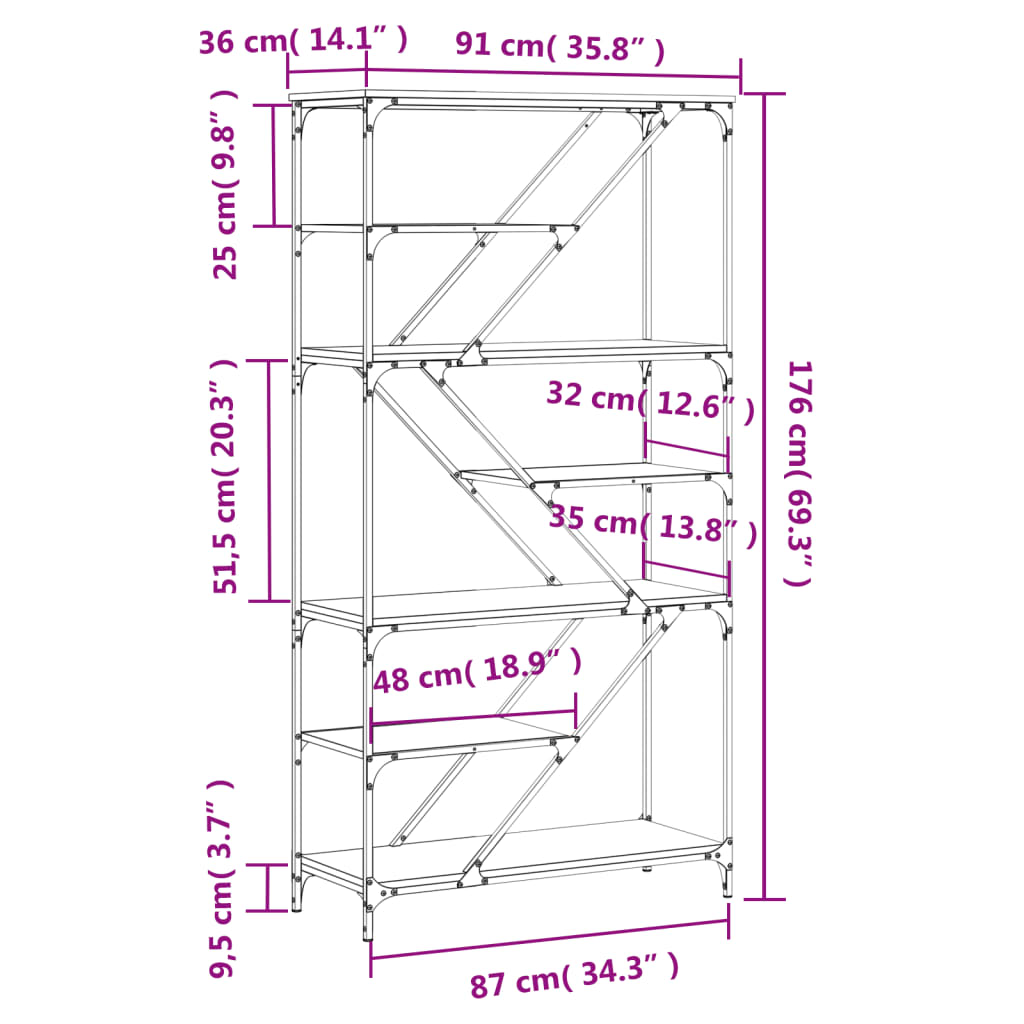 Bokhylla Sonoma-Ek 91X36X176 Cm Konstruerat Trä Och Stål