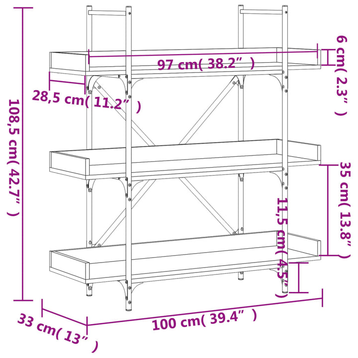 Bokhylla 3 Hyllplan 100X33X108,5 Cm Konstruerat Trä