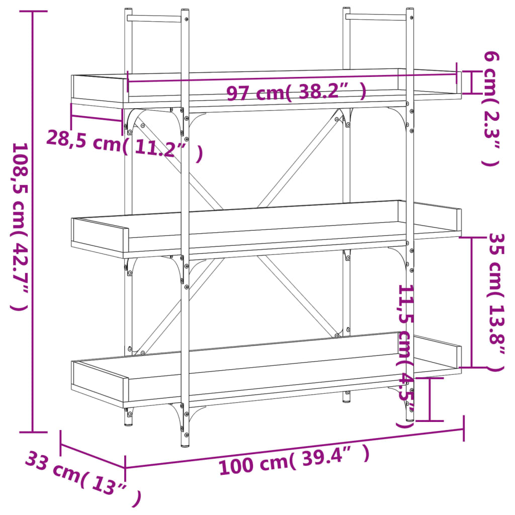Bokhylla 3 Hyllplan 100X33X108,5 Cm Konstruerat Trä