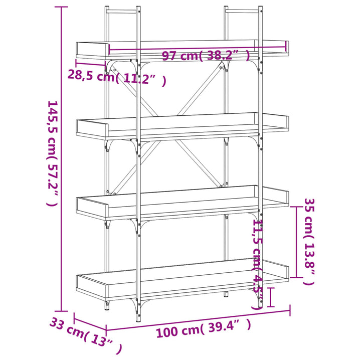 Bokhylla 4 Hyllplan 100X33X145,5Cm Konstruerat Trä