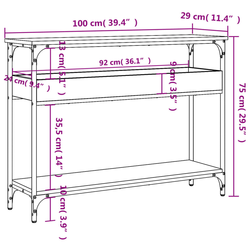 Avlastningsbord Med Hylla 100X29X75 Cm Konstruerat Trä