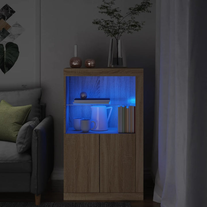 Sidoskåp Med Led-Lampor Konstruerat Trä