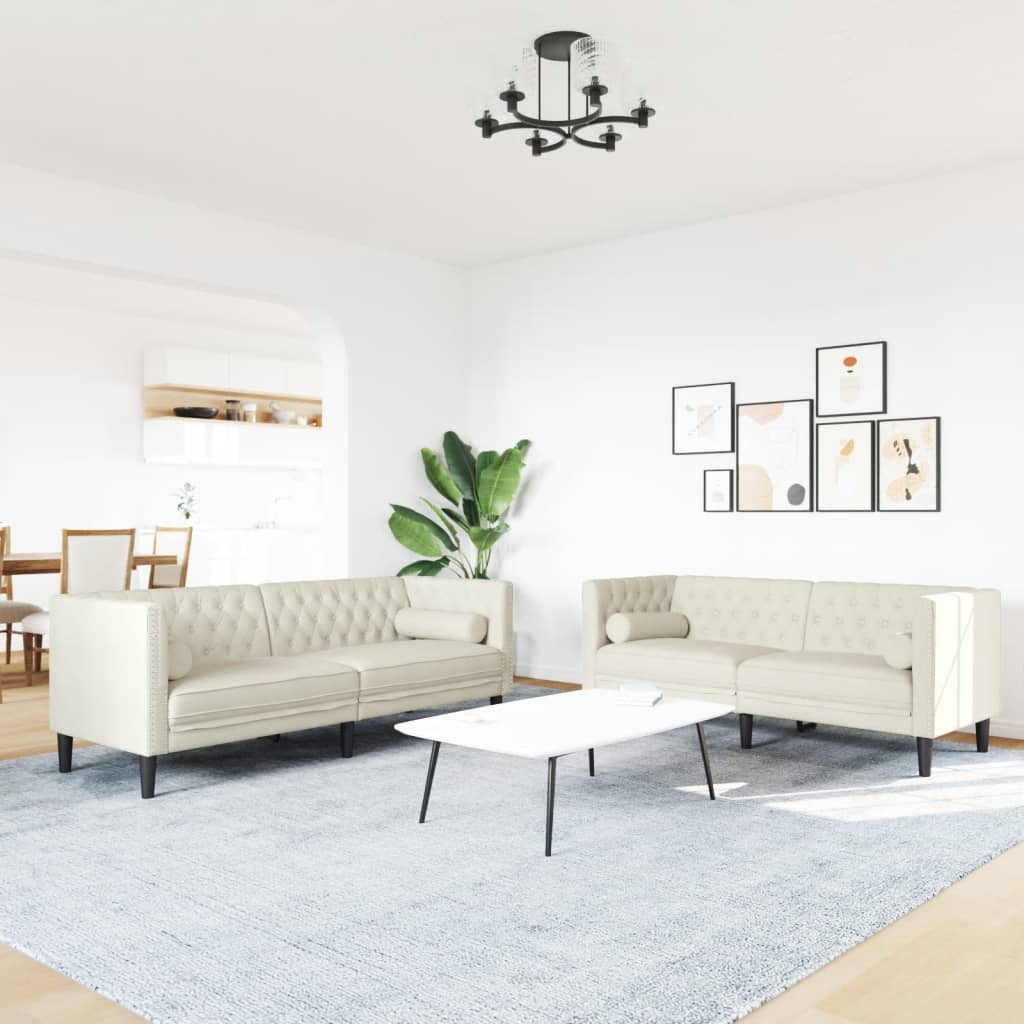 Soffgrupp Chesterfield 2 Delar Bolsterkuddar Gräddvit Sammet