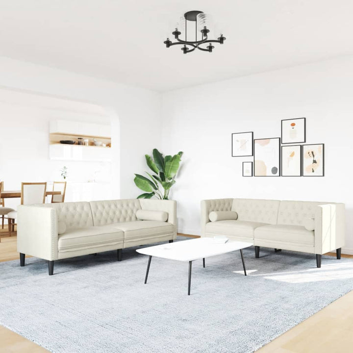 Soffgrupp Chesterfield 2 Delar Bolsterkuddar Gräddvit Sammet