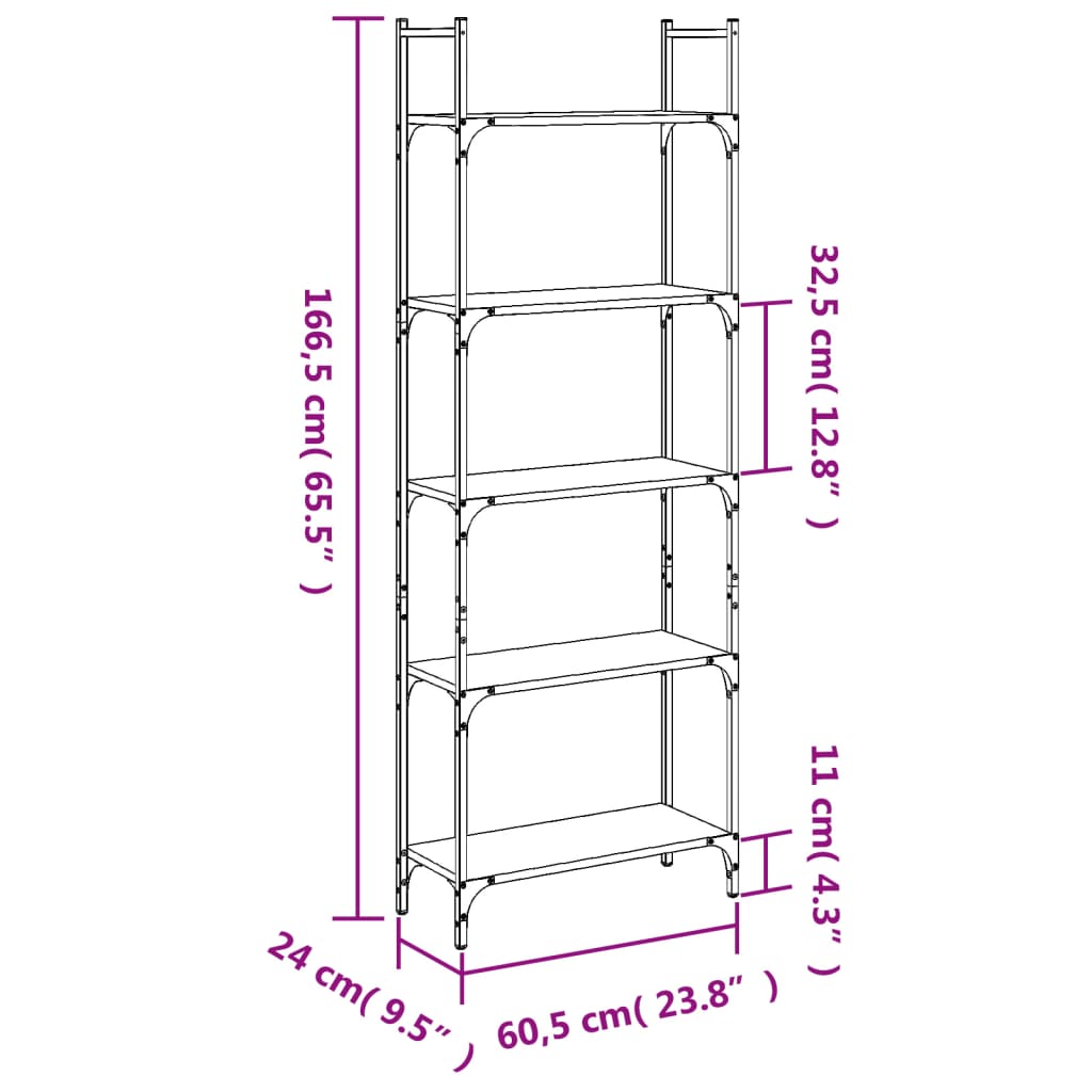 Bokhylla 5 Hyllplan 60,5X24X166,5 Cm Konstruerat Trä