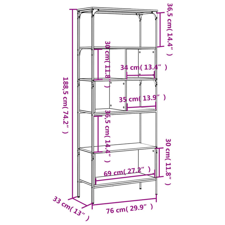 Bokhylla 5 Hyllplan 76X33X188,5 Cm Konstruerat Trä