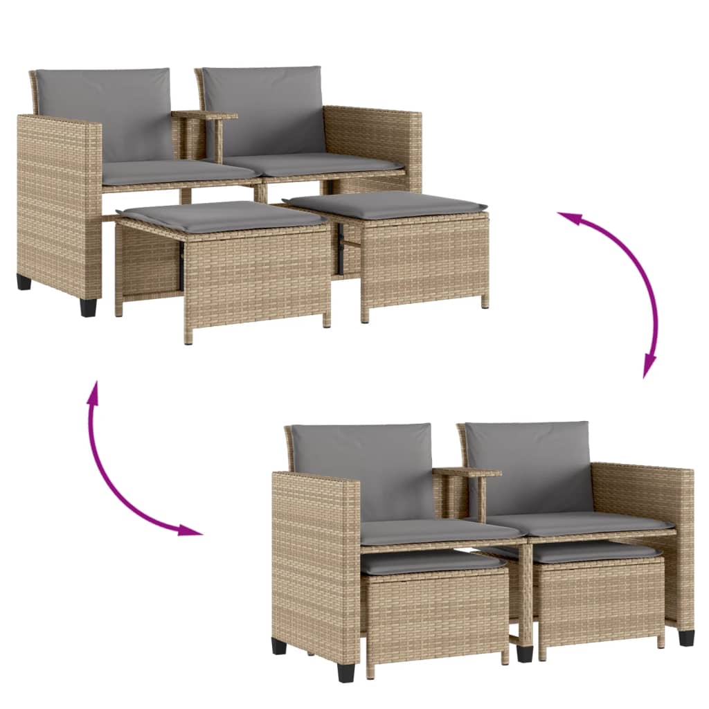 Trädgårdssoffa 2-Sits Med Bord Och Pallar Beige Konstrotting