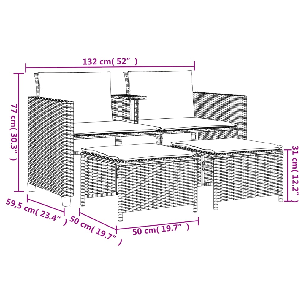 Trädgårdssoffa 2-Sits Med Bord Och Pallar Beige Konstrotting