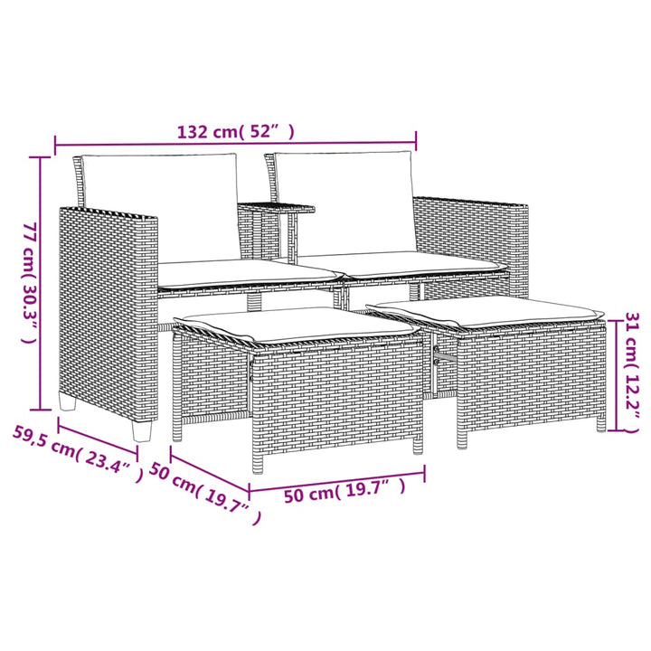 Trädgårdssoffa 2-Sits Med Bord Och Pallar Beige Konstrotting